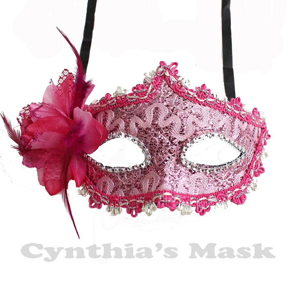 Pink Floral Venetian Masquerade Mask w/Rhinestones and Glitter Party Costume - Image 1 of 1