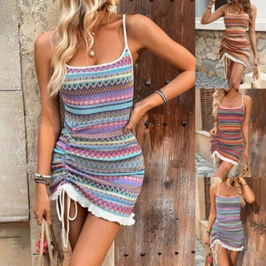 Womens Boho Colorblock Strappy Mini Dress Summer Beach Holiday Sundress Bodycon - Picture 1 of 23