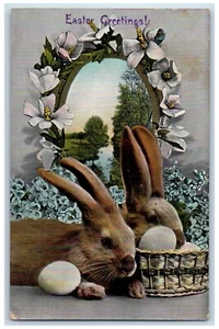 um 1910 Ostergrüße Hase Kaninchen Eier Lilien Blumen antike Gel Postkarte - Bild 1 von 2