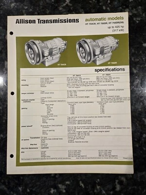 Folleto de modelos automáticos Allison transmisiones hoja de especificaciones años 80 754cr Ht 750 puertas Foto 1 de 4