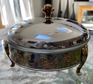 VTG ONEIDA Silver Gold Stainless Footed Round Covered Serving Dish Glass Insert - Picture 1 of 12