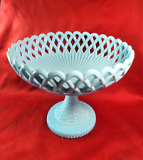 Antique c.1885 CHALLINOR &AMP Taylor Flint Blue Milk Glass Basketweave Compote