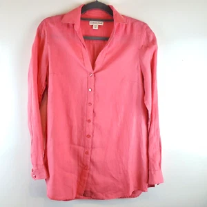 Coldwater Creek Women's Top XS Pink Coral Linen Blouse Roll Tab Sleeve Button - Picture 1 of 9