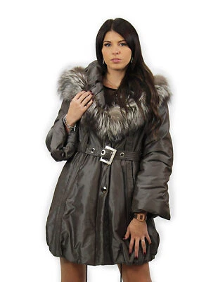 Gray down jacket size 42 with fox fur at the crater neck balloon waist belt long - Image 1 of 4