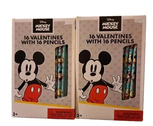 Disney Mickey Mouse 16 Valentines With 16 Pencils - 2pks, 8 Fun Designs NEW - Picture 1 of 3