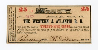 June 16, 1862 25c Western & Atlantic Rail Road - Atlanta, GEORGIA Note w/ TRAIN - Image 1 of 2