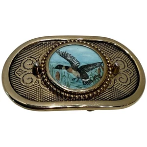 Western goldfarbene 3" Gürtelschnalle mehrfarbig Bild Gans Ente Vogel Cowboy - Bild 1 von 8