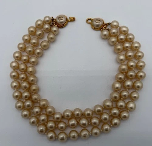 正品复古香奈儿三股珍珠长项链可马克镀金 — 第 1/4 张图片