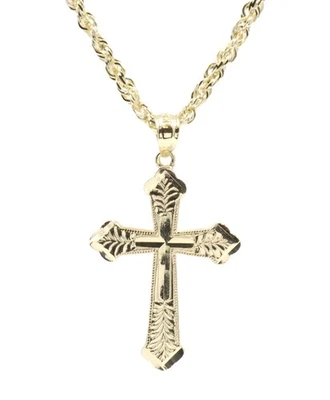 14KT Yellow Gold Diamond Cut Cross Pendant on 20" 14KT Gold Rope Chain Necklace - Image 1 of 4