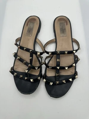VALENTINO Garavani Black Leather Rockstud Slide Sandal Shoe sz 39/ 8.5 - Image 1 of 4