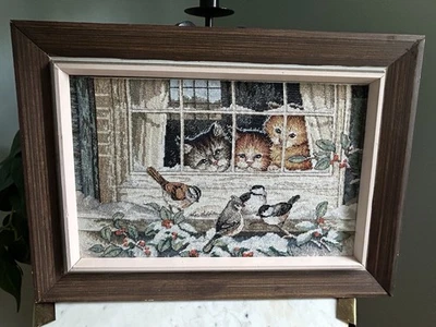 Vintage 2001 Needlepoint Kittens Birds Winter Scene In Wooden Frame 17.75"x12.5" - Image 1 of 4