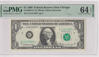 Fr 1903-G* 1969 $1 FRN G11317857* PMG 64EPQ CHICAGO GREEN SEAL CH CU *STAR* - Image 1 of 2