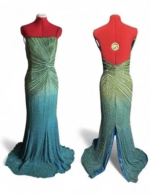 Vintage Y2K Hand Beaded 100% Silk Prom Maxi Dress Formal Gown Blue Teal Green - Image 1 of 4