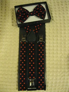 Red Polka Dots Adj Pre-Tied Strap Bowtie and Red Polka Adj Y-Back SuspendersNew! - Picture 1 of 1