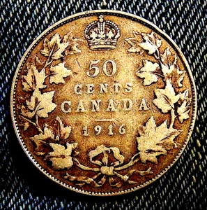 CANADA 1916 50 cents silver half dollar fifty cent piece king George V - Picture 1 of 2