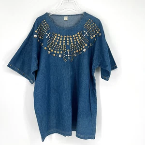 VTG Embellised Top Womens Plus Denim Gold Rhinestone Country Western Festival - Picture 1 of 9