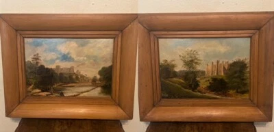 PAAR antike Landschaftsgemälde Original Öl auf Karton 19. Jh., englische Schlösser - Bild 1 von 4