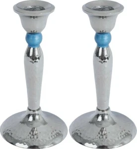 Taper Candle Holders Set of 2 Shabbat Candlesticks Silver Hammered Design 5 Inch - Picture 1 of 4