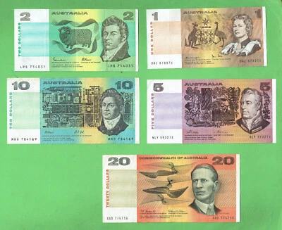 #T71.  AUSTRALIAN  CIRCULATED  PAPER BANKNOTES $1, $2, $5, $10 & $20 - image 1 of 2