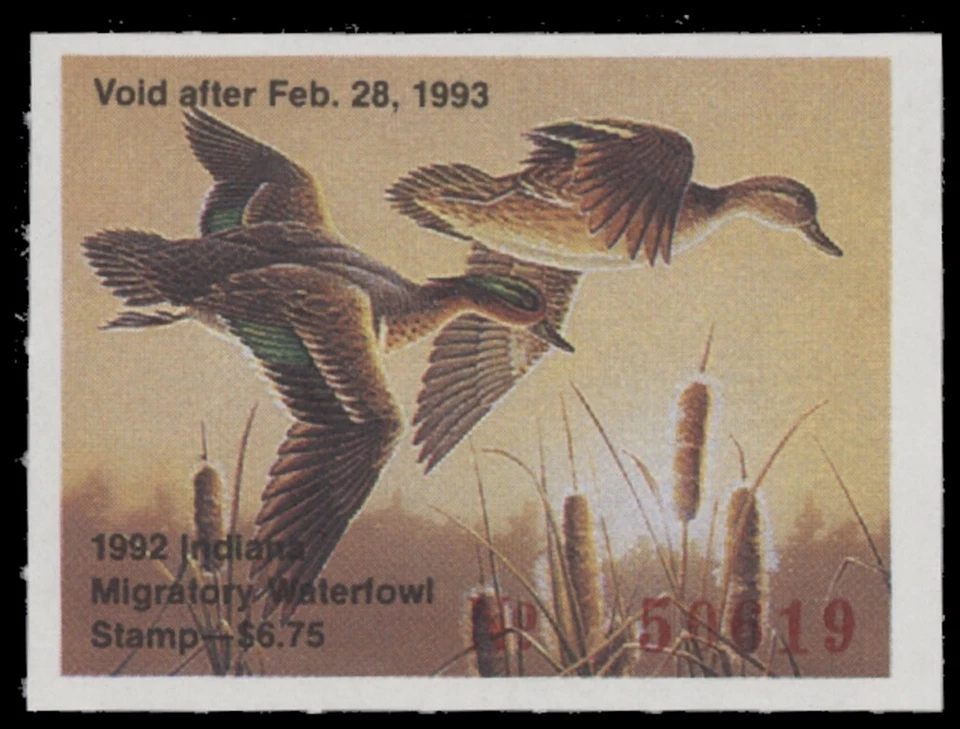 1992  Indiana State Duck Stamp Mint Never Hinged. Original Gum  - Image 1 of 1
