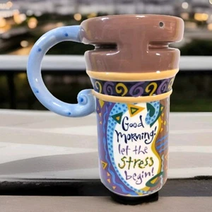 GiftCraft Ceramic Travel Mug With Sip Lid Good Morning Let The Stress Begin - Picture 1 of 6