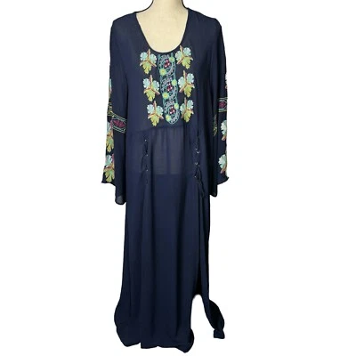 Monoreno Dress Womens Large Maxi Blue Long Slits Lightweight Emgroidered Boho - Image 1 of 4