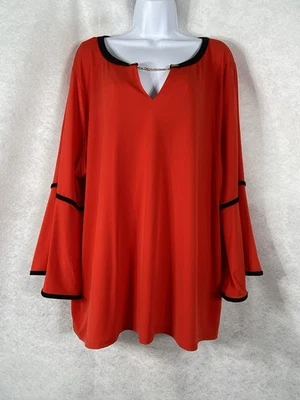 Calvin Klein Top Women’s 3X Red Black Bell Sleeves Floral Stretch Round Neck EUC - image 1 of 4