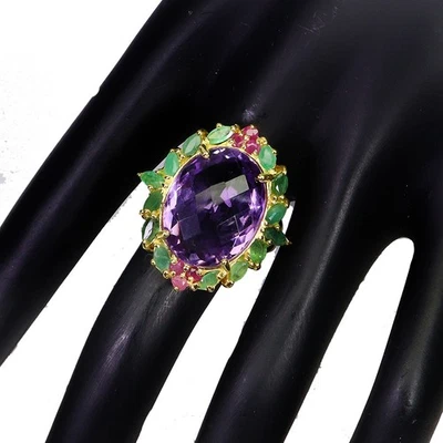 925 Sterling Silver Ring Oval Amethyst 18x14mm Emerald Ruby Gemstone Size 6.5 - Image 1 of 4