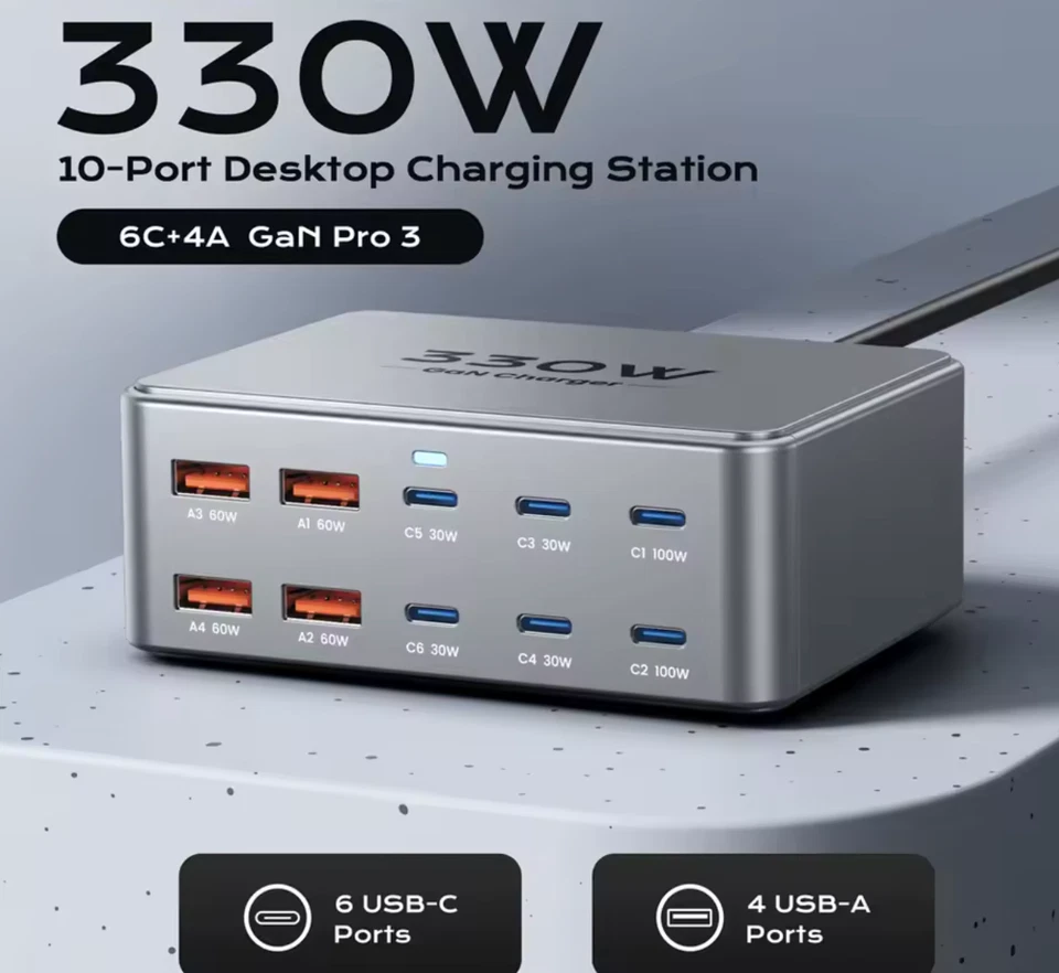 330W GaN USB-C Ladegerät – 100W PD3.0 QC3.0 Schnellladung für Laptop & Handy - Bild 1 von 4