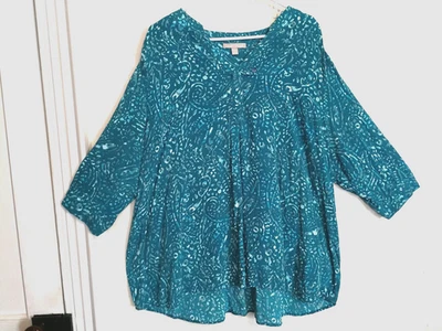 Blusa Woman Within 2X Plus 26/28 Azul Cachemira Cuello en V Camisa Top Manga 3/4 Boho Foto 1 de 4