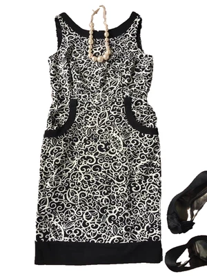 Vestido Vaina London Times Mujer 8 M Lápiz Oficina Carrera Negro Estampado Sin Mangas Foto 1 de 4