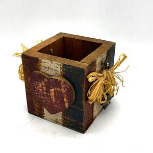 Rustic Wooden Square Planter Box with Heart Accent and Raffia Bows Country Decor - Picture 1 of 4