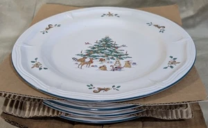 Set (4) Ming Pao Woodland Christmas Dinner Plates 10.5” Rabbit Squirrel Bird New - Picture 1 of 4