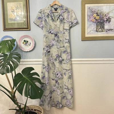 Vintage Floral Maxi Dress 2 Sage Green Purple Fairy Feminine Cottagecore 90s - Image 1 of 4
