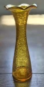 1970 Kanawah Yellow Amber Crackle Glass Vase Vintage 8" No Chips - Picture 1 of 6