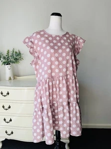 LEONI Size L Women’s Dusty Pink Polka Dot Dress Tiered Smock Sundress Summer - Bild 1 von 13