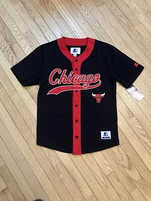 XL- Chicago Bulls Starter Baseball Jersey Red Black NBA Retro Button Up Shirt - Image 1 of 4