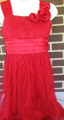 Vestido Rojo My Michelle Niñas Talla 12-Lentejuelas Brillantes Capas Seda Rosas-Fiesta Foto 1 de 4