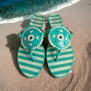 Jack Rogers Women’s Georgica Teal White Stripe Jelly Thong Sandals Size 7 - Picture 1 of 13