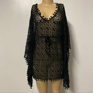Raviya Black Open Knit Pom Poms Drawstring Crochet Tunic Swim Cover-Up S… - Picture 1 of 8