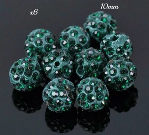 Set 6 Dark Green Rhinestone Crystal Pave Shamballa Disco Ball Spacer Beads 10mm - Picture 1 of 1