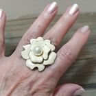 Enamelled Flower Cocktail Ring Cream With Faux Pearl Blonde Gold Tone Size Q