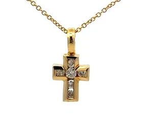 Yellow Gold Small Diamond Cross Necklace 14k - Picture 1 of 7