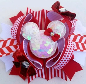 Minnie Mouse Disney Christmas Red White Candy Cane Sequined Ears Hair Bow 5" - Picture 1 of 1
