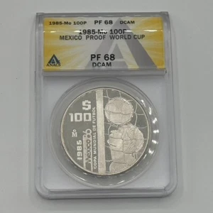 1985 MEXICO SILVER 100 PESOS 1986 WORLD CUP FOOTBALL NGC PF 68 ULTRA CAMEO - Picture 1 of 2