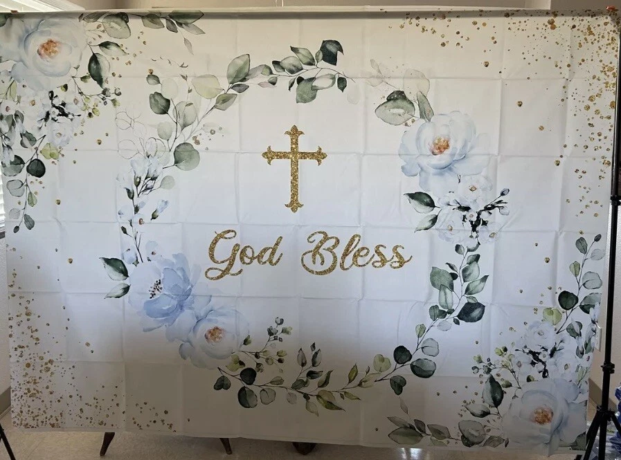 Telón de fondo de cabina de fotos de bautizo floral azul Mocsicka 7 x 5 pies Foto 1 de 4