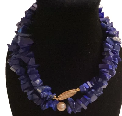 Lapis Lazuli & Pearl Necklace 18” 14k Gold Filigree Fishhook Clasp—#914 - Image 1 of 4