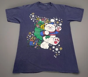 Vintage 90s Christmas Cartoon Bears Holiday Navy Blue T-Shirt Medium - Picture 1 of 6