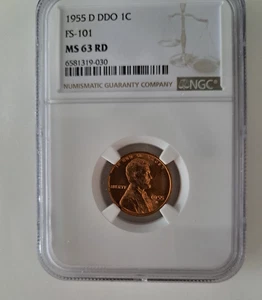 1955 D Lincoln Cent DDO FS-101 NGC MS63 RD - Picture 1 of 2