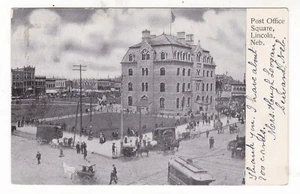 1906 LINCOLN NEBRASKA POST OFFICE SQUARE HORSE WAGON STREETCAR POSTCARD NE OLD ! - Picture 1 of 2